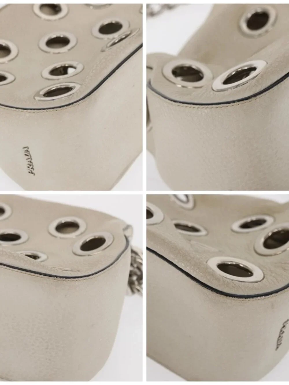 PRADA Grommet Punching Chain Hand Bag Leather Ivory Silver Auth 165205